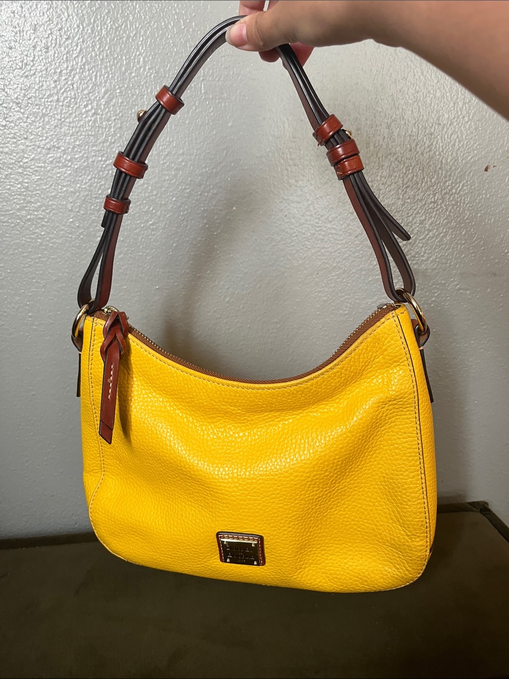 Dooney & Bourke Yellow Pebbled Leather Shoulder Bag with Brown Trim - Picture 15 of 15